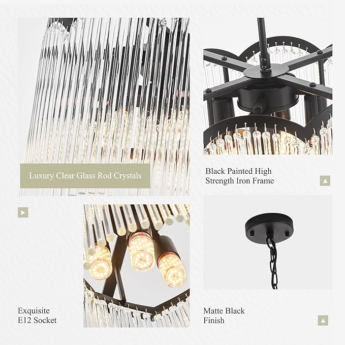 12.52" Black Clear Glass Crystal Pendant Light 5-Light Modern Crystal Pendant Ceiling Light Fixture 2-Tier Luxury Glass Chandeliers,for Dining Room Kitchen Island Living Room Bedroom