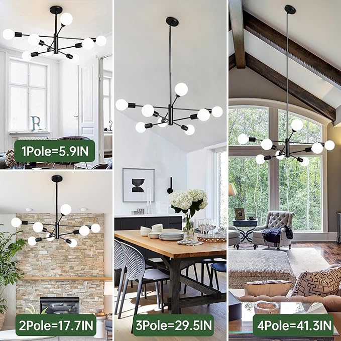 RUIYEY Modern Sputnik Chandeliers Light, 8-Light Black Chandeliers for Dining Room, Height Adjustable Ceiling Lights Farmhouse Chandelier for Kitchen Island Living Room Bedroom