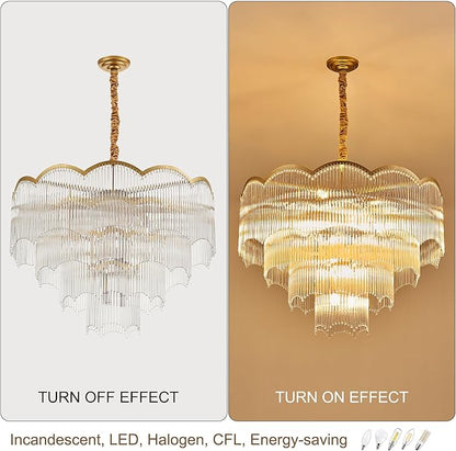 31.5" Gold Clear Glass Crystal Chandelier 18-Light Modern Crystal Pendant Ceiling Light Fixture 4-Tier Luxury Glass Chandeliers,for Dining Room Kitchen Island Living Room Bedroom