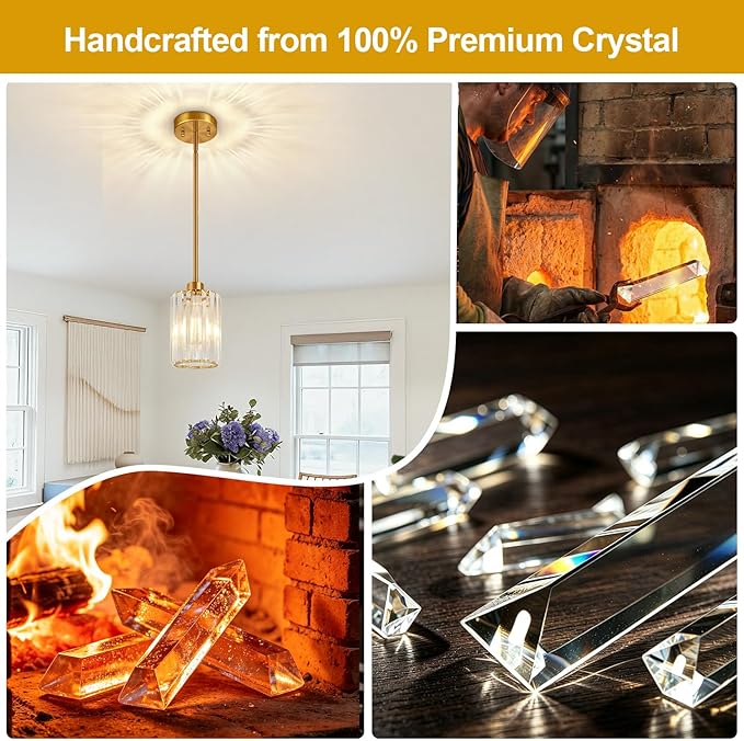 1 Pack Brushed Gold Pendant Lights Kitchen Island, Modern Crystal Chandelier Kitchen Pendant Lighting Over Island, Adjustable Hanging Mini Light Fixtures for Dining Room Hallway Corridor Bedroom