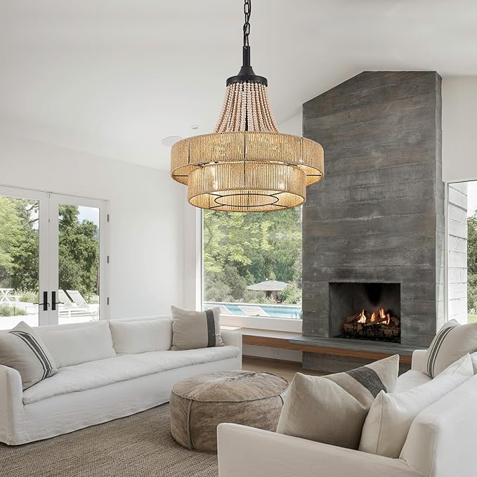 20 inch Boho Chandelier with Fan, Remote and App Control, Double-Layer Drum Shade, 8-Lights Rattan Farmhouse Fandelier for Dining Room, Bedroom, Kitchen
