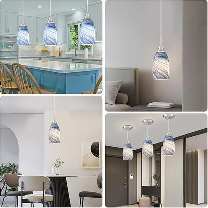 Viinew Glass Pendant Light with Handblown Dark Blue Marble Art Glass Shade Ceiling Light 3-Pack Mini Hanging Pendant Light for Kitchen Island,Dining Room,Living,Foyer,Hallway