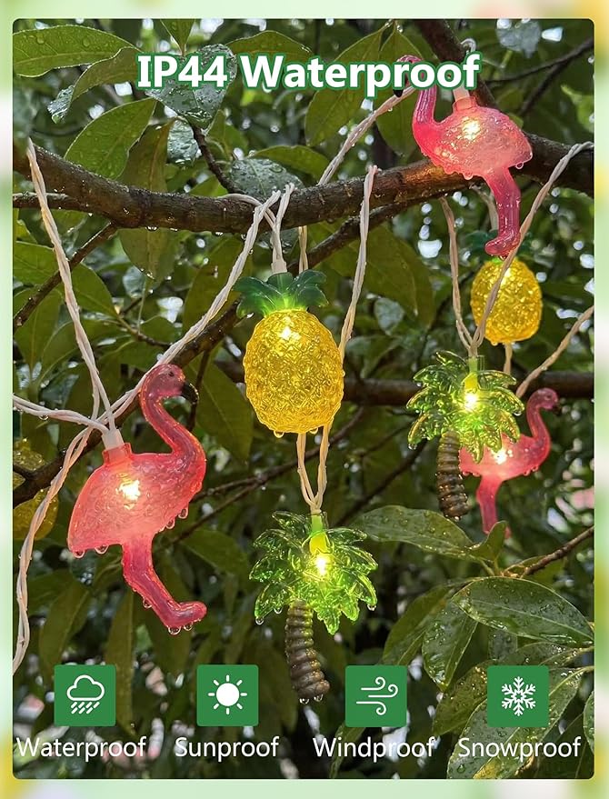 8.5Ft Summer Beach Hawaiian String Lights Outdoor with 10 LED Flamingo Pineapple Palm Tree Lights, Plug in Tropical Party Decorations Lights for Patio Backyard Garden Window Tiki Bar Pool Party Decor