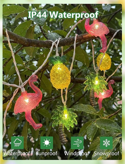 8.5Ft Summer Beach Hawaiian String Lights Outdoor with 10 LED Flamingo Pineapple Palm Tree Lights, Plug in Tropical Party Decorations Lights for Patio Backyard Garden Window Tiki Bar Pool Party Decor