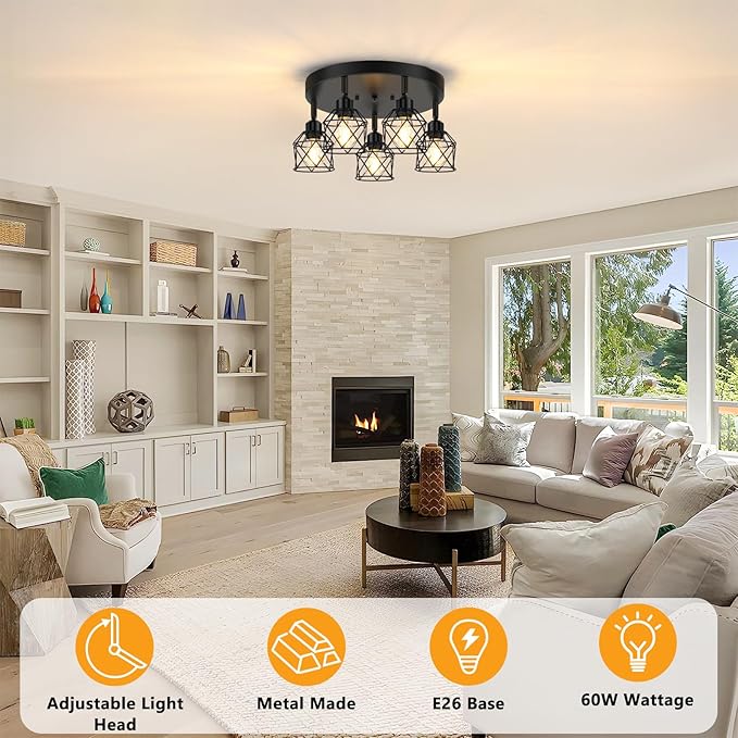 Baocuz 5-Light Adjustable Kitchen Light Fixtures, Multi-Directional Black Ceiling Light Fixtures, Semi Flush Mount Ceiling Light, Vintage Metal Cage Spotlight Fixture for Hallway Dining Room Entryway