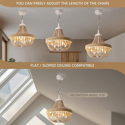 Vintage Bohemian Empire Chandelier Fan with 64 Wood Bead Strands, 7-Blade Invisible Fan, Antique White Gold Finish Ceiling Fan for Living Room, Bedroom(White Gold, 20'' Boho Style)