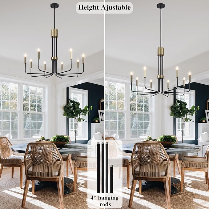 Black and Gold Chandelier, 8 Light Modern Chandeliers for Dining Room Light Fixture, Farmhouse Chandelier for Living Room, Bedroom, Kitchen, Entryway, Foyer