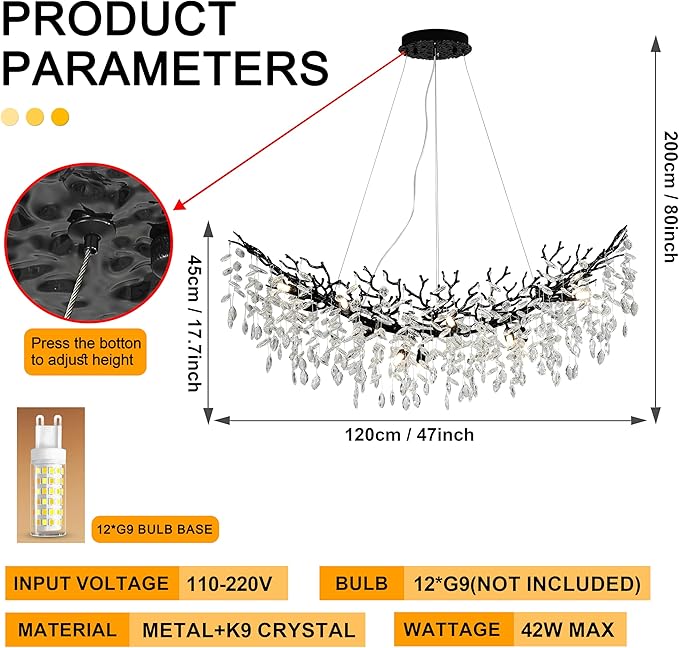 Modern Crystal Tree Branches Chandelier, 47.5in Black 12 Lights Large Ceiling Hanging Light for Dining Room, Arc Raindrop Pendant Light Fixture