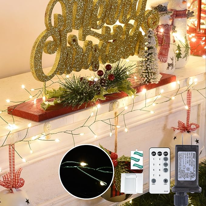 Fairy Lights Plug in 130Ft 2000LED Warm Christmas Wreath Lights with Timer Remote Waterproof Firecracker Twinkle Cluster String Light for Bedroom Wreath Party Garland Tree Decor Green Wire