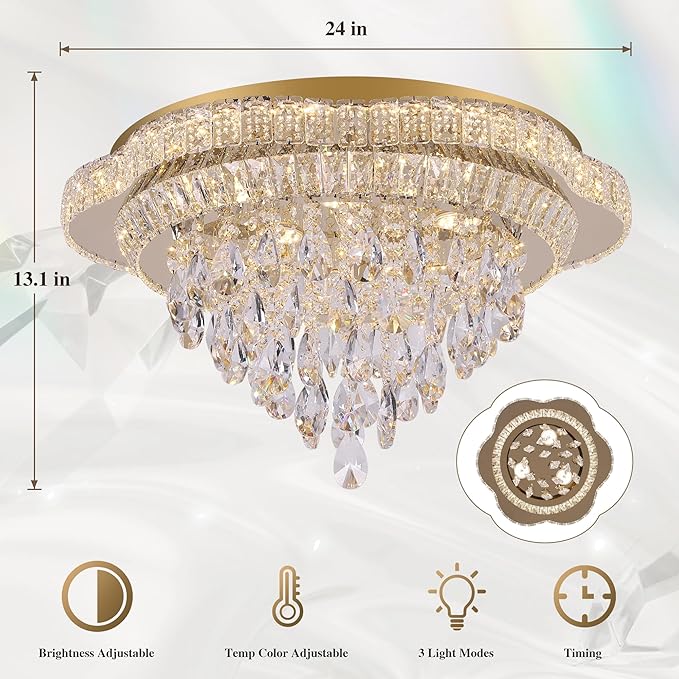 Gold 24" Modern Flush Mount Chandelier for Living Room, LED Crystal Ceiling Light for Bedroom,Elegant Dining Room Lighting Fixture with Remote Control, 3CCT Dimmable