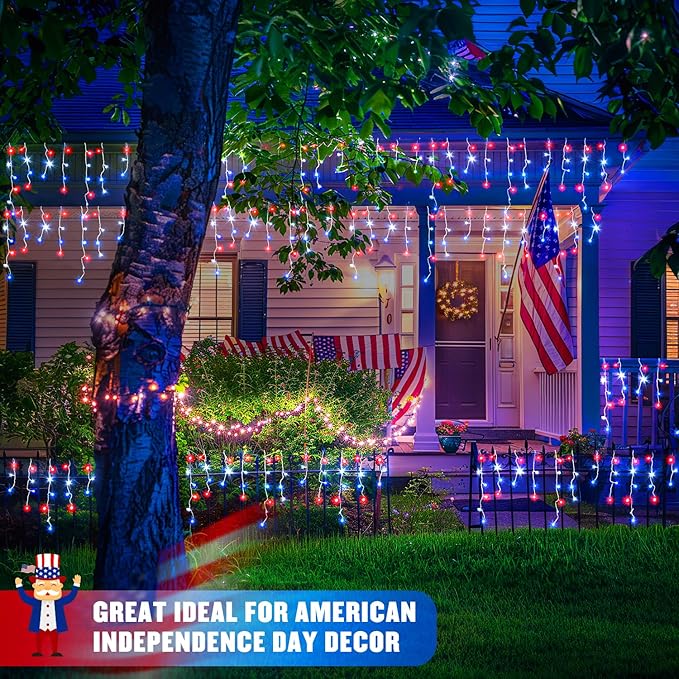 JMEXSUSS Icicle Lights for 4th of July Decor, 400 LED Red White and Blue Icicle Lights for Outside, 38.8 Ft Independence Day Icicle String Light Indoor Outdoor Holiday American Flag Decor