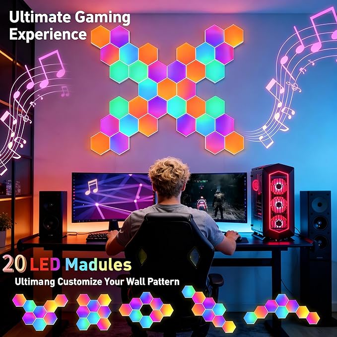 TISOFU 20 Pack Hexagon Lights LED Wall Panels, RGB Gaming Lights with APP/Music Sync & Remote, DIY Smart Modular Hexagonal Honeycomb Glide Hex Tiles Panel, Bedroom Party Decor Gifts