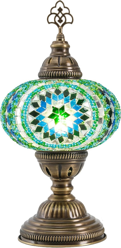 Turkish Mosaic Table Lamp with Bulb – Light Green Handmade Stained Glass Bedside Light, Authentic Turkish Boho Vintage Home Decor with E12 Socket