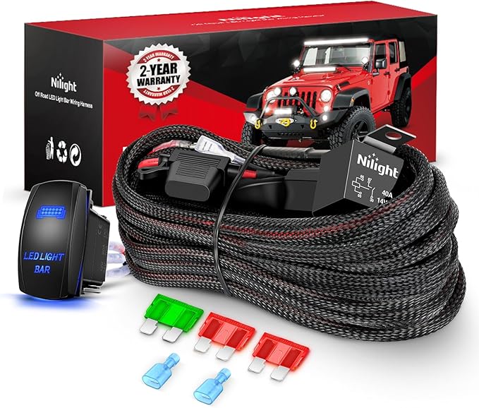 Nilight Wiring Harness Kit Nylon 12 AWG 1 Lead 12V 5Pin Rocker Switch Laser On Off Power Relay Blade Fuse for LED Light Bar Off Road Lights on Cars Jeep Boat Trucks