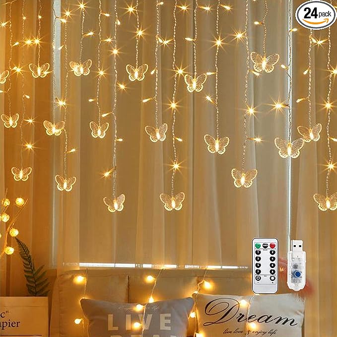 Butterfly Curtain Fairy String Lights, 120LED 8 Modes USB Powered Timer Firefly Twinkle Light with Romote, 14.7FT Copper Wire Hanging Decoration for Room, Wedding, Bedroom, Party, Christmas Decor