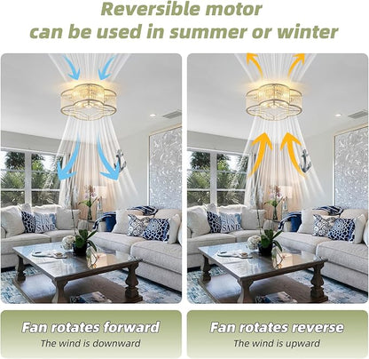 20" Gold Crystal Ceiling Fan with Light, Crystal Flush Mount Ceiling Fan with Light Remote Control, Caged Enclosed with 6 Speeds for Bedroom, Living Room, Foyer, Nursery (Clear)
