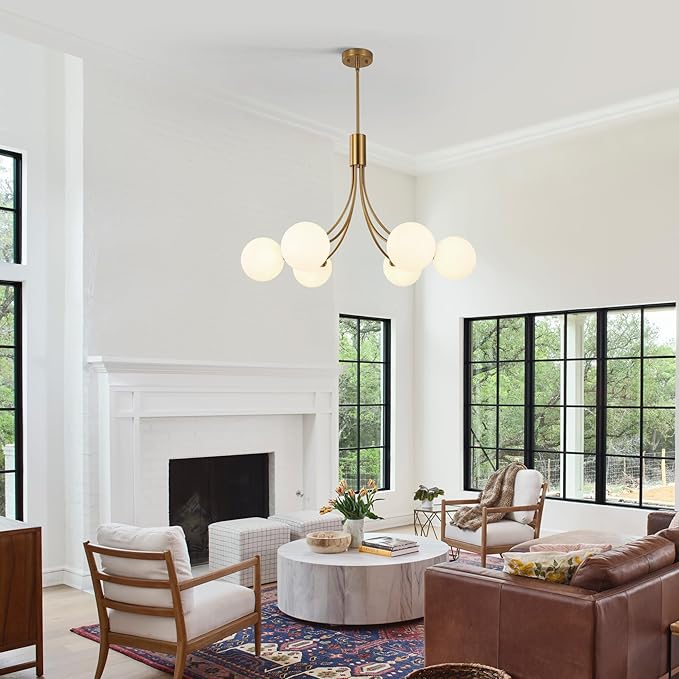 CNRATYE 6-Light Modern Farmhouse Gold Chandeliers for Dining Room Light Fixture, Mid Century Hanging Sputnik Chandelier for Living Room Kitchen Island Bedroom Foyer, Milk White Globe Glass Shade