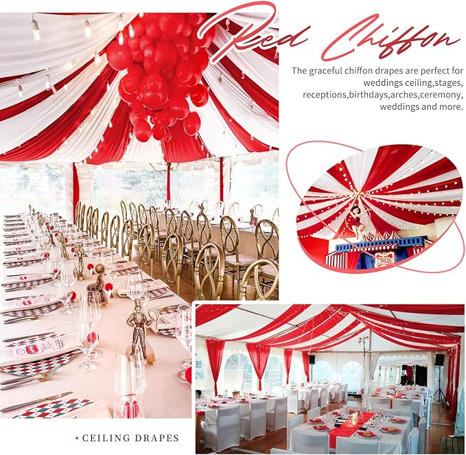 4 Panels Red Ceiling Drapes for Wedding Ceiling Drapes 5ftx40ft Wedding Arch Draping Fabric Sheer Curtains Voile Chiffon Drapery Draping Decorations for Party Ceremony Stage