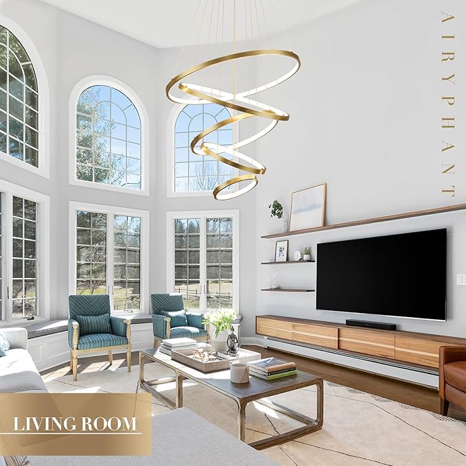 Modern LED Chandelier High Ceiling 5 Ring Gold Chandeliers Foyer Dimmable Ceiling Pendant Light Fixture Contemporary Flush Mount Chandelier for Staircase Living Room, 3000K-6500K