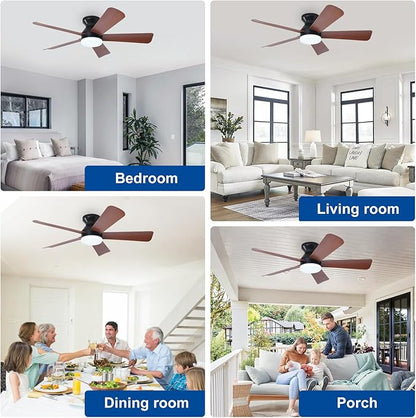 42-Inch Ceiling Fans with Lights: Walnut Low Profile Ceiling Fan with Light and Remote Control - Reversible Flush Mount Fans - 3CCT Dimmable Small Ceiling Fan for Bedroom Indoor/Outdoor Use