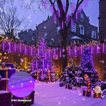 JMEXSUS Solar Christmas Lights Outdoor, 8 Tube 144 LEDs Solar Meteor Shower Lights, Purple Christmas Light for Tree Fence Eaves Patio Yard Holiday Party Decor