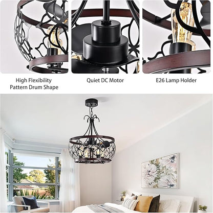 Garwarm 21 inch Ceiling Fans with Lights,Black Industrial Caged Flush Mount Ceiling Fans with Remote,Rustic Chandelier Ceiling Fan for Dining Room Bedroon Kitchen, 6 Speed Timing