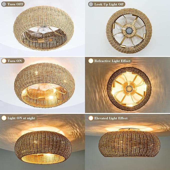 Rattan Ceiling Fan with Lights 19.7IN Boho Handwoven Caged Fandelier with Light Farmhouse Handwoven Ceiling Fan Chandelier Fixture for Dining/Living Room Bedroom Entry Kitchen Restaurant Office