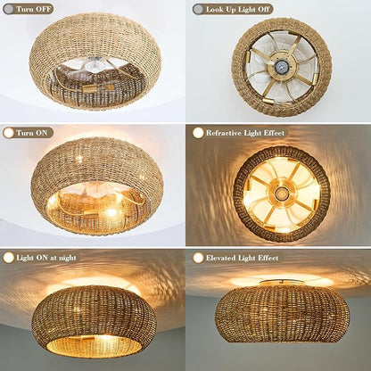 Rattan Ceiling Fan with Lights 19.7IN Boho Handwoven Caged Fandelier with Light Farmhouse Handwoven Ceiling Fan Chandelier Fixture for Dining/Living Room Bedroom Entry Kitchen Restaurant Office