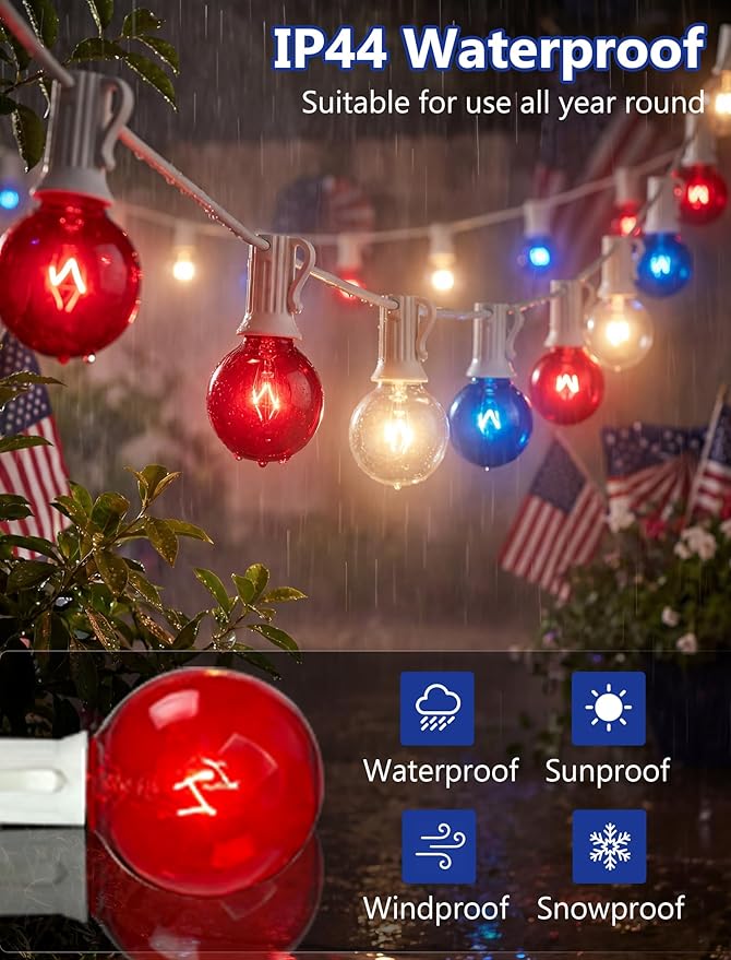 4th of July Decorations String Lights, 25Ft Outdoor Patio String Lights with 27 G40 Red White and Blue Light Bulbs(2 Spare), Independence Day Lights for Patriotic Party Garden Festival Decor- White