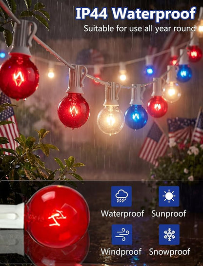 4th of July Decorations String Lights, 25Ft Outdoor Patio String Lights with 27 G40 Red White and Blue Light Bulbs(2 Spare), Independence Day Lights for Patriotic Party Garden Festival Decor- White