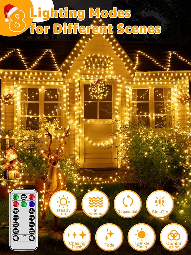BrightChristmas Christmas Lights 1200 LED 394 FT, Waterproof Outdoor String Lights with Remote and Timer, Christmas Tree Lights with 8 Modes Dimmable, Fairy Lights for Holiday Decor (Warm White)