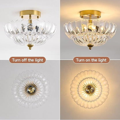 Gold Semi Flush Mount Ceiling Light, 12" Crystal Glass Vintage Light Fixture with E26 Base, 3-Light Modern Close to Ceiling Lamp for Bedroom Hallway Entryway Kitchen
