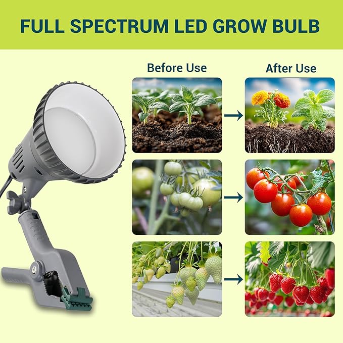 GT-Lite LED Plant Grow Light Bulbs Full Spectrum with 17.29 PPF, Grow Light with 6Feet Cord and Clamp for Indoor Plants