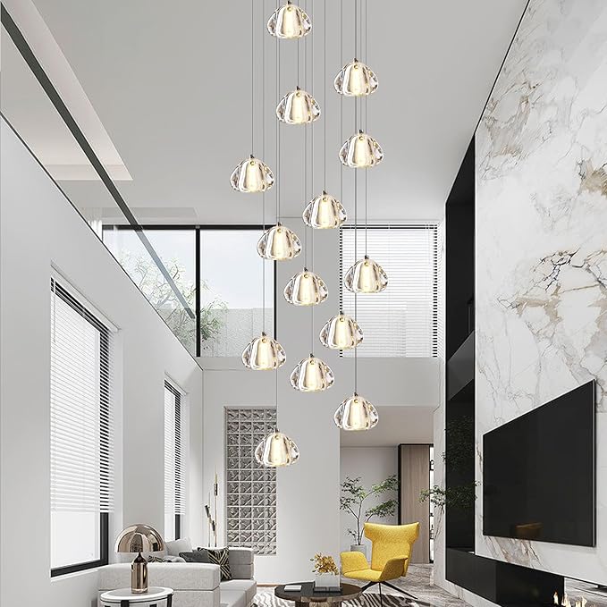 Modern Crystal Chandelier 14-Lights High Ceiling Raindrop Chandelier Lighting Fixture, Large LED Round Indoor Lighting Fixture Black for Foyer Staircase Living Room