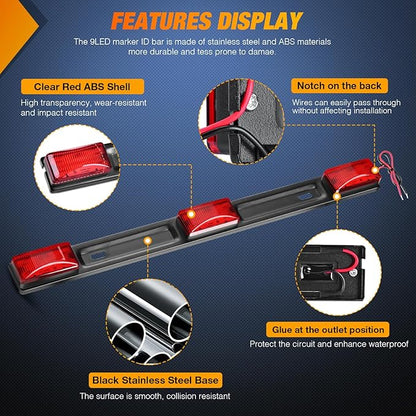 Nilight 9 LED Marker Tail Trailer Light Bar 14.2Inch 2 PCS Red Clearance Identification Running Mark ID Rear Stainless Steel Bracket for 12V Pickup Truck RV Boat