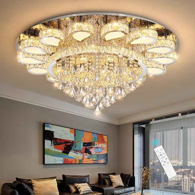 HAIXIANG Glam Crystal Chandelier for Living Room Dining Room Lights Sloped Ceiling Light Fixtures Luxury Modern Remote Dimmbale Lighting Silver 40 Inches