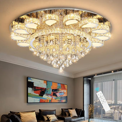 HAIXIANG Glam Crystal Chandelier for Living Room Dining Room Lights Sloped Ceiling Light Fixtures Luxury Modern Remote Dimmbale Lighting Silver 40 Inches