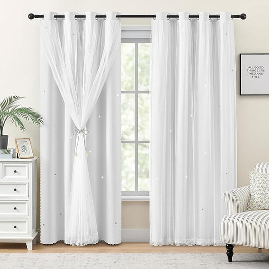 XiDi White Curtains 96 Inches Long for Girls Bedroom Living Room Darkening Privacy Double Layer Curtains with Sheer Overlay for Kids Toddler Princess Nursery Room Decor Grommet Window Drapes W52 X L96
