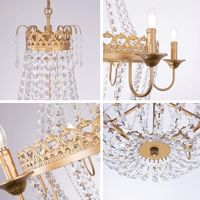 Wellmet French Empire Crystal Chandelier Modern Adjustable Hanging Pendant Ceiling Mount Light Fixture for Hallway Dining Living Room Bedroom Foyer, H 38.2" x W 31.5", Gold, 6-Light, E12 Base