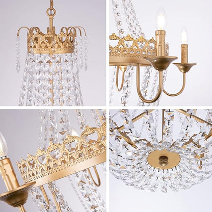 Wellmet French Empire Crystal Chandelier Modern Adjustable Hanging Pendant Ceiling Mount Light Fixture for Hallway Dining Living Room Bedroom Foyer, H 38.2" x W 31.5", Gold, 6-Light, E12 Base