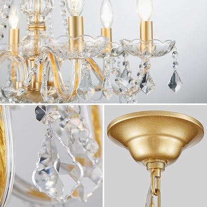 Crystal Chandelier Light Fixture, Modern K9 Crystal Chandeliers for Dining Room, 6-Lights Gold Ceiling Light, Adjustable Hanging Pendant Light Fixture for Living Room Entryway Kitchen Island Hallway