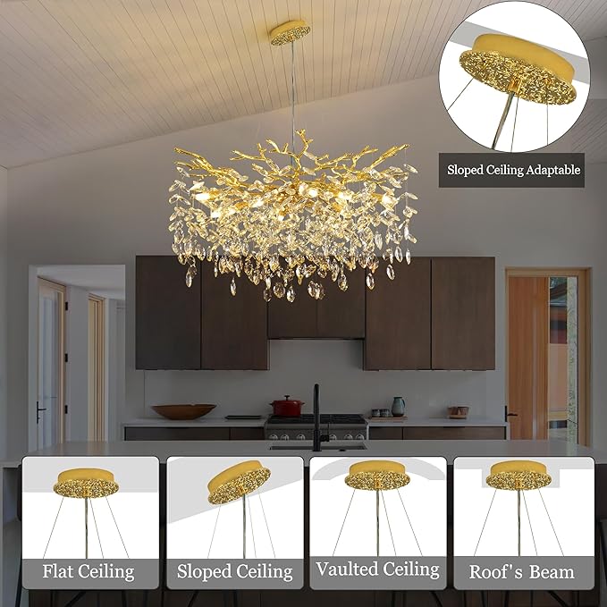 Tree Branch Chandelier Modern Crystal Pendant Light, Luxury Gold Art Deco Raindrop Lighting Fixture for Dining Room Bedroom Living Room 10 Lights D30''
