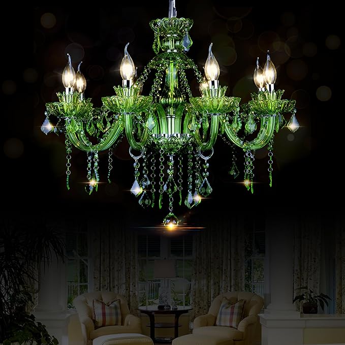 Bagood 8 Lights Green K9 Crystal Candle Chandeliers Lighting Modern Pendant Lights Candle Chandelier Lighting for Dining Living Room Bedroom Entry Elegant Decoration E12 Base, H22.8 x W27.2 Inch