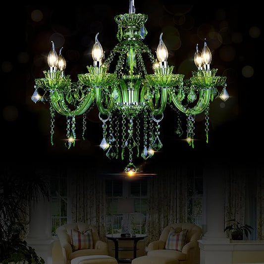 Bagood 8 Lights Green K9 Crystal Candle Chandeliers Lighting Modern Pendant Lights Candle Chandelier Lighting for Dining Living Room Bedroom Entry Elegant Decoration E12 Base, H22.8 x W27.2 Inch