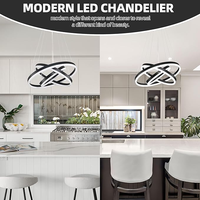 Modern Led Chandelier 3 Rings Black Pendant Lights Dimmable Chandeliers Color Temperature Height Adjustable Black Chandelier Led Pendant Light for Living Room Dining Room Bedroom Entryway