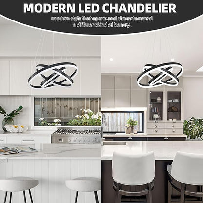 Modern Led Chandelier 3 Rings Black Pendant Lights Dimmable Chandeliers Color Temperature Height Adjustable Black Chandelier Led Pendant Light for Living Room Dining Room Bedroom Entryway
