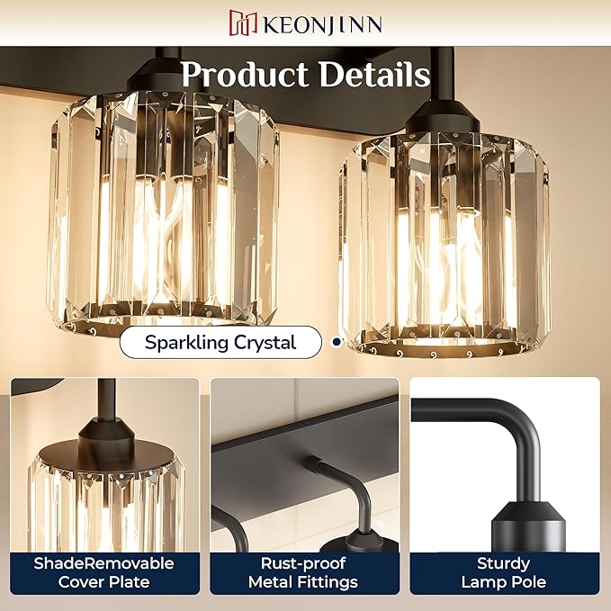 Keonjinn 6-Light Bathroom Light Fixtures, Crystal Black Bathroom Vanity Lights Over Mirror, Vanity Lighting Fixtures with Crystal Square Shades (E26 Socket, Exclude Bulb)