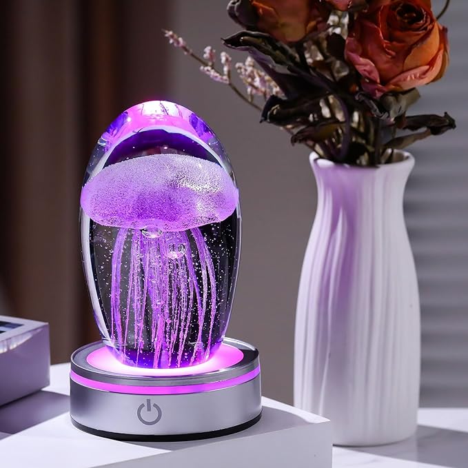 Handmade Jellyfish Lamp – Crystal Glass Figurine Colorful LED Night Light, Ocean-Themed Desk Decor, Aquarium & Beach Room Decor – Gifts for Women Nature Lovers (Purple)