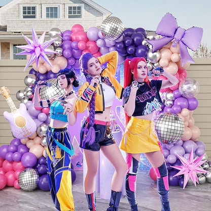 JOGAMS 171Pcs Kpop Balloons Arch Kit, Idol Stage Style Pink Purple Silver Disco Balloon Garland with Bow Guitar Star Music Note Foil Balloons for K-Pop Music Disco Theme Birthday Concert-Style Stage