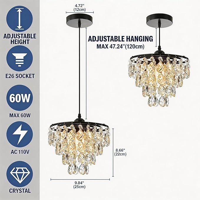 Mini Crystal Chandelier Small Modern Crystal Flush Mount Ceiling Light for Hallway Closet, E26 Base, K9 Crystal (Black-Pendant)